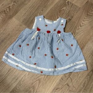 Vintage Little Bitty Striped Kids Dress with Red Floral Embroidery Size 24M